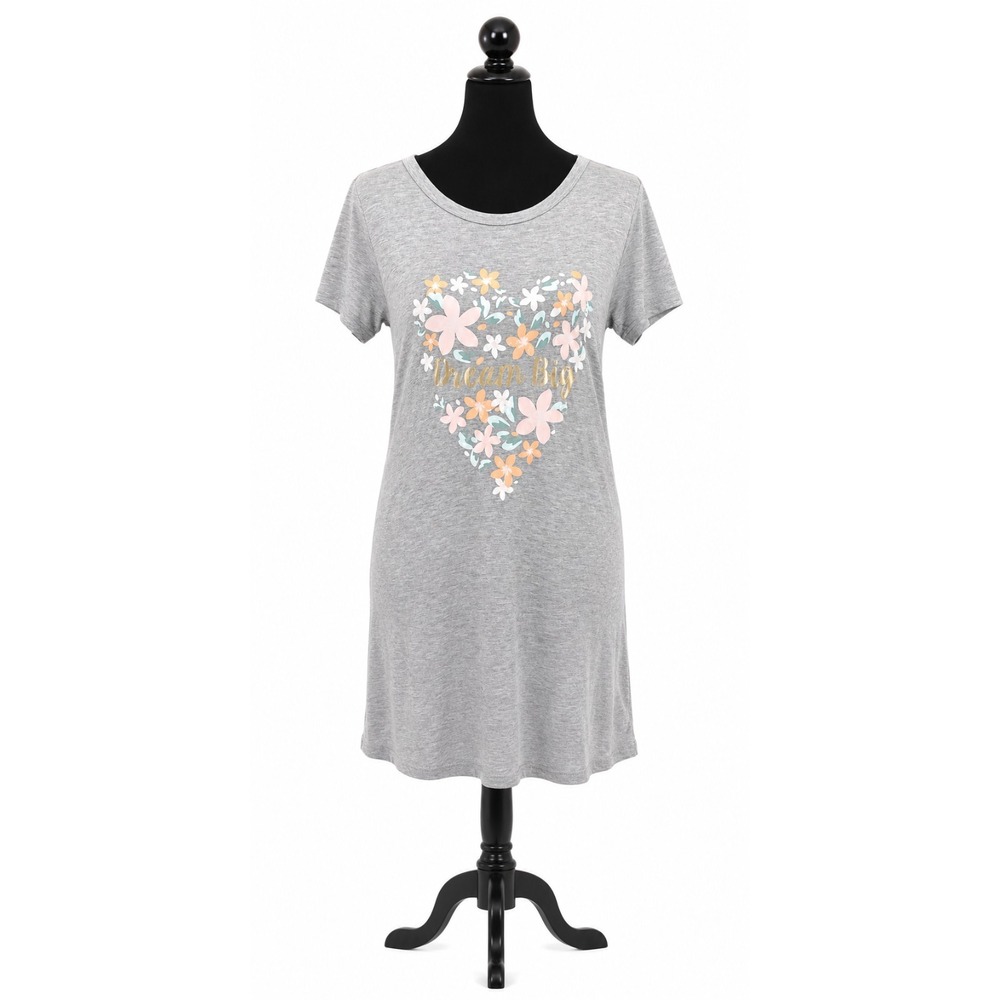 Jessica Simpson Dream Big‎ Sleepshirt Small Gray Floral Heart Short Sleeve